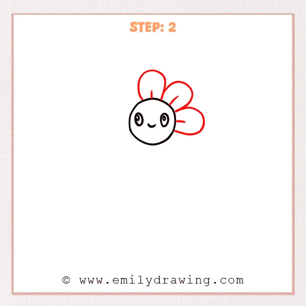 how to draw a cartoon flowers - Step 2 of how to draw cartoon flowers—Three rounded petals are added behind the smiling flower face, with a small curved detail line inside each petal.